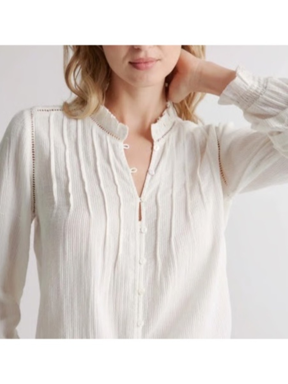 Quince Organic Textured Cotton Peasant Blouse - White - Picture 2 of 5